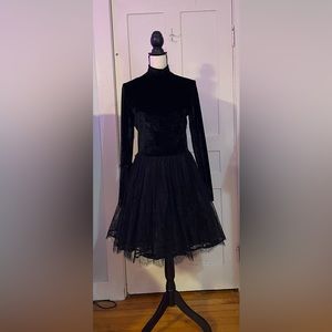 Vintage party dress. Tulle and lace skirt and crushed velvet turtleneck bodice.